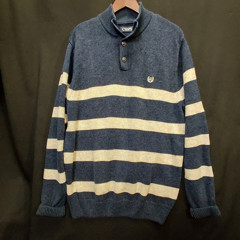 Chaps Mens Navy Blue Striped 100% Cotton Mock Neck Button Sweater XL